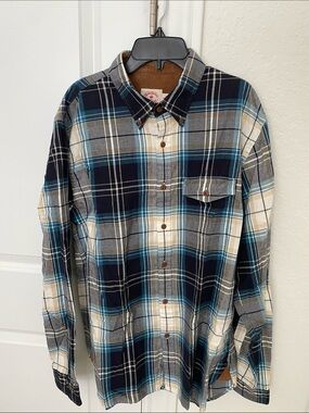 Men's Blue and Cream Plaid Button-Down Flannel Shirt - Casual Long Sleeve